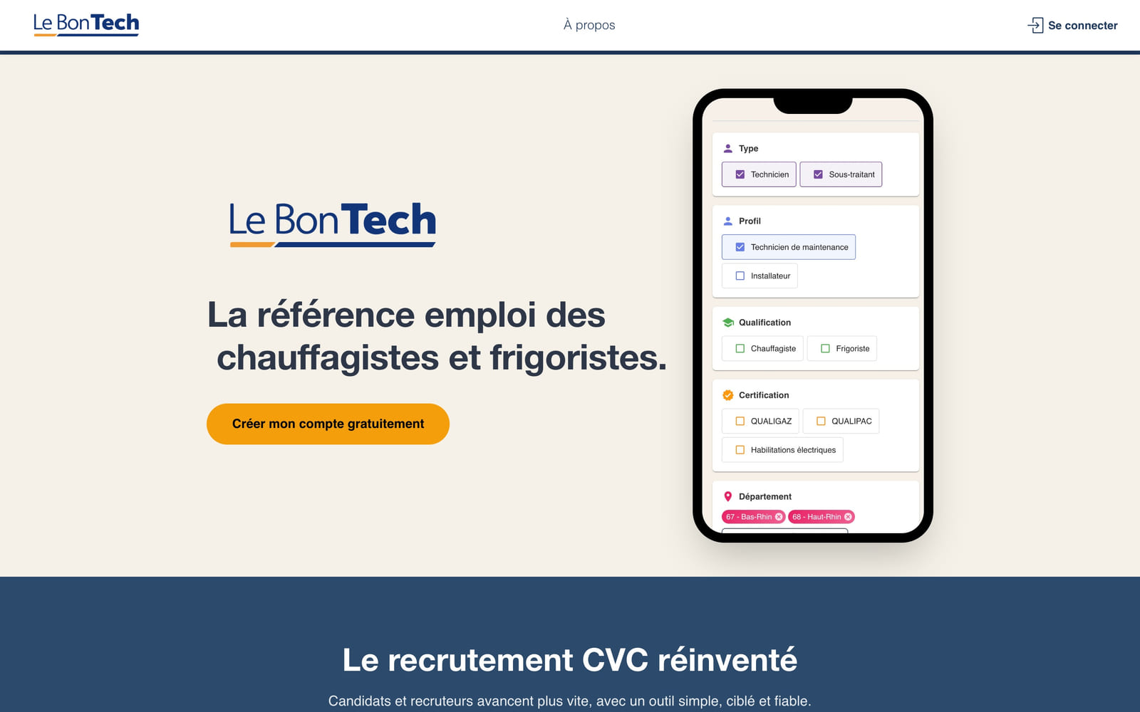 Page d’accueil de Le Bon Tech : plateforme emploi des chauffagistes et frigoristes