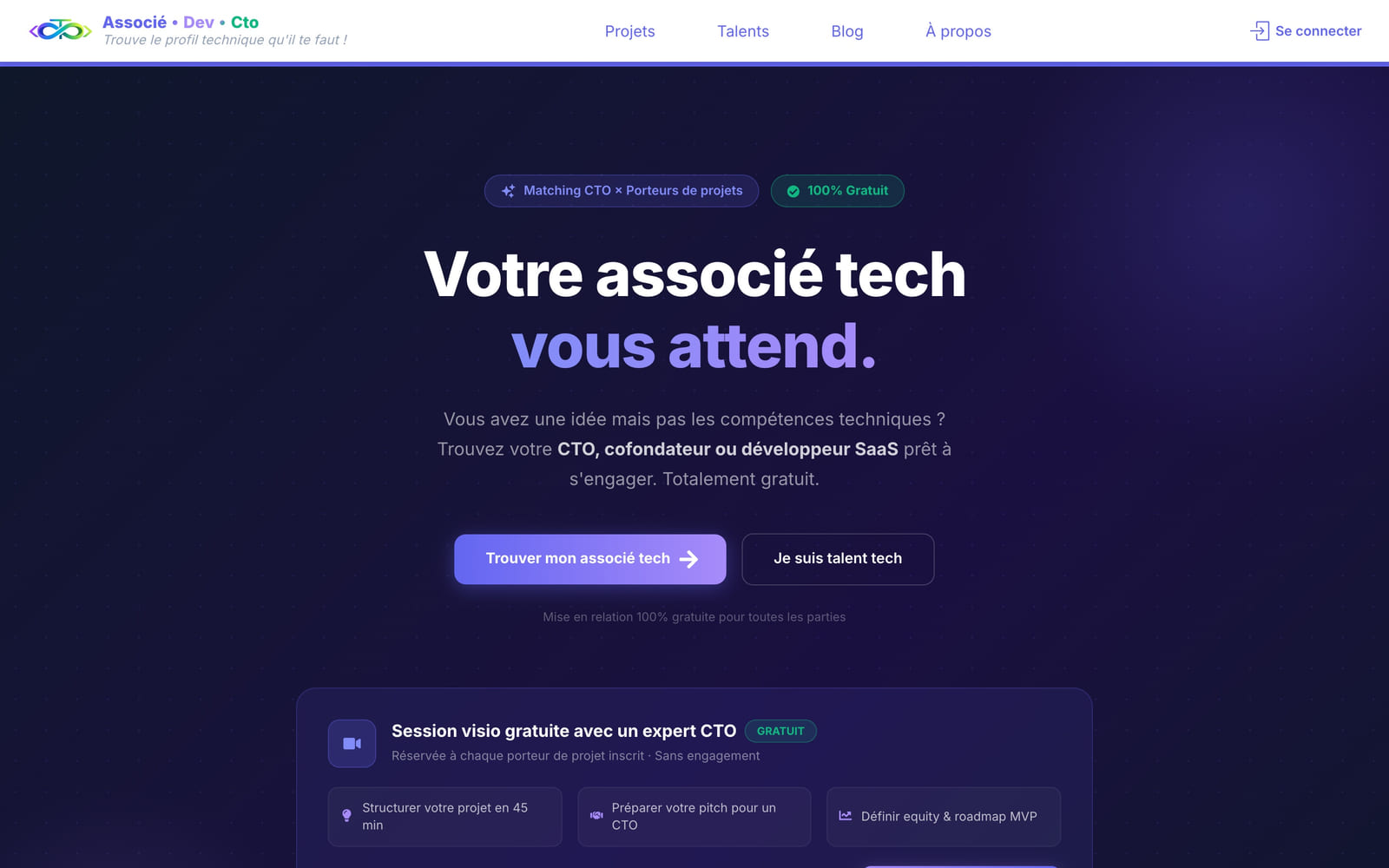 Page d’accueil de Mon Associé : mise en relation entre porteurs de projets et profils techniques